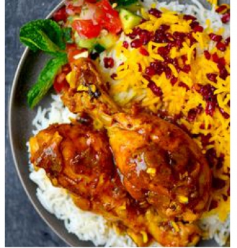 zereshk polo ba Morgh( Rice with red berry, Saffron and chicken)